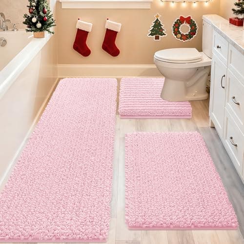 ACCUMTEK Upgrade Extra Large Pink Bathroom Rug Set 3 Pieces Ultra Soft, Thick Absorbent Bath Mats, Non Slip Chenille Toilet Mat for Bathroom, Bedroom, Kitchen