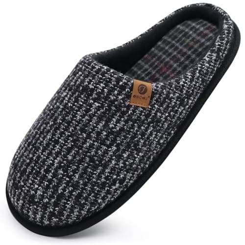 ONCAI Mens Black Knit Stripes Cozy Memory Foam scuff Slippers Slip On Warm House Shoes Indoor/Outdoor With Best Arch Surpport Size 11