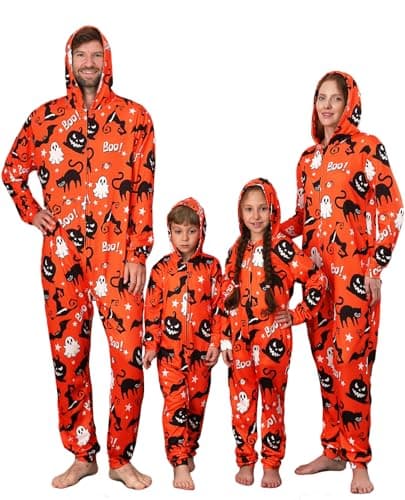 YEAXLUD Family Matching Halloween Pajamas Adult Women Funny Hoodie Spooky Onesie Costumes Couples Pjs Women's Novelty One-piece Sleepwear Holiday Loungewear(Boo Ghost Hat Cat Pumpkin-Women-M)