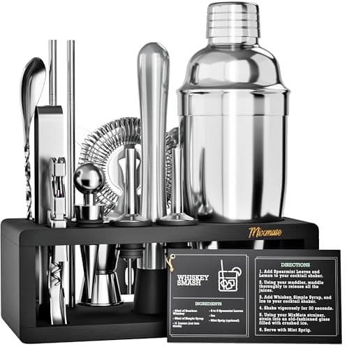 Mixology Bartender Kit with Stand - 15 Piece Bar Tool Set, Silver Bar Set Cocktail Shaker Set for Drink Mixing - Includes Martini Shaker, Jigger, Strainer, Bar Mixer Spoon, Tongs, Opener | Gift Idea