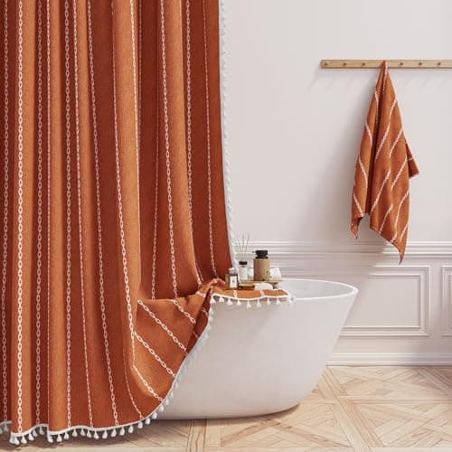 BTTN Boho Farmhouse Shower Curtain, Linen Rustic Weighted Striped Fabric Shower Curtain Set with Tassel, Water Repellent, Bohemian Vintage Country Shower Curtains for Bathroom, Burnt Orange, 72x72