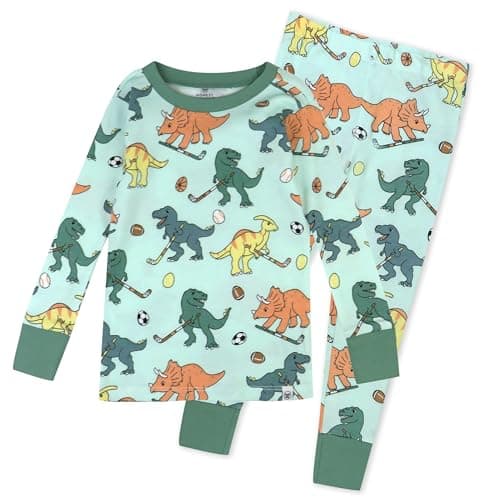 HonestBaby Celebration 2-Piece Pajamas Sleepwear PJs 100% Organic Cotton for Baby, Toddler, Kids, Dino Mite Athlete Eggs, 6 Years