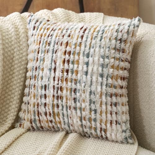 Aeckself Boho Chenille Tufted Pillow Cover 18x18 Inch, Decorative Square Throw Pillow Cover Neutral Pillowcase for Couch Bedroom Living Room, Orange White