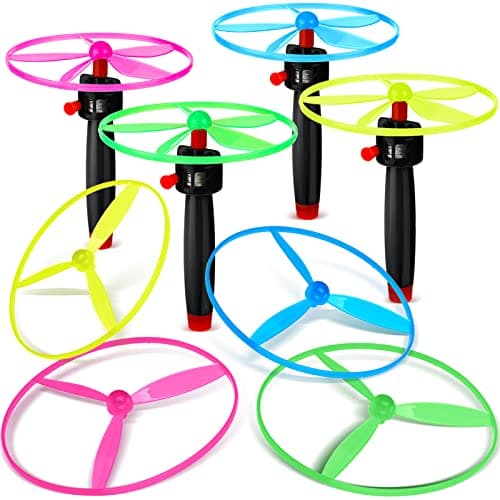 Meooeck Flying Disc Helicopter Toy Disco Flyers Include 12 String Launchers and 24 Flying Saucer Flying Disc Launcher Toy Flying Toys for Outdoor Activity Little Teens Birthday Party Favors(36 Pcs)