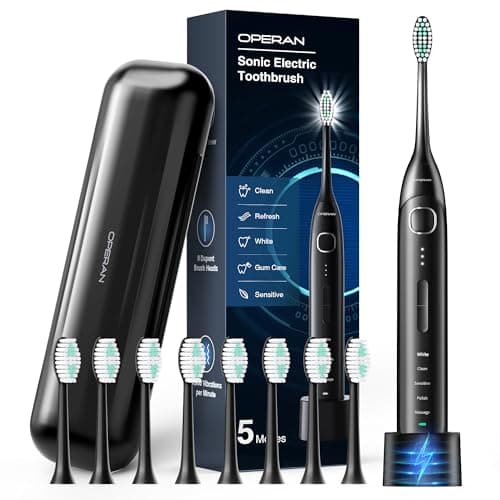 Operan Electric Toothbrush for Adults and Kids Rechargeable Sonic Toothbrush with 5 Modes 2-Min Smart Timer IPX7 Waterproof 40,000 VPM Motor with 8 Brush Heads & Travel Case (Black)