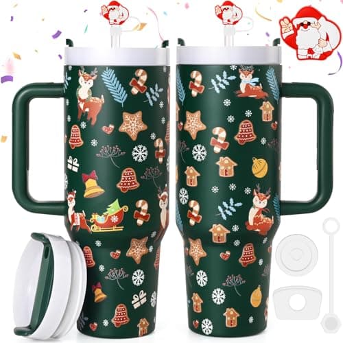 LiqCool 40 Oz Christmas Tumbler with Handle & Santa Claus Leak-proof Spill Stopper Set, Cute Christmas Tumbler for Women Mom Daughter Sister Friends, Green Christmas Cup(Green Christmas)