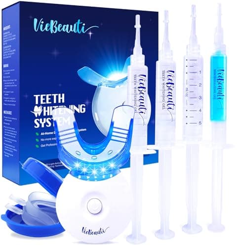 VieBeauti Teeth Whitening Kit - 5X LED Light Tooth Whitener with 35% Carbamide Peroxide, Mouth Trays, Remineralizing Gel and Tray Case - Built-in 10 Minute Timer Restores Your White Smile Mint