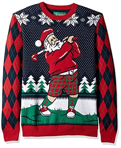 The Ugly Sweater Co. Mens Sports Golf Sports Ugly Christmas Sweater for Holiday Fun Design, Snug Fit Breathable Crewneck (Twilight Golfing Santa, Large)