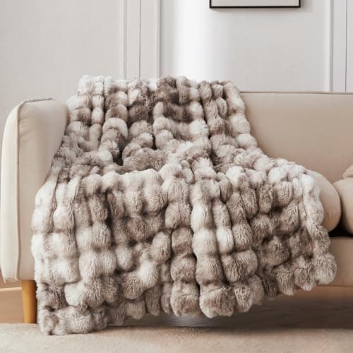 COOVA Faux Fur Throw Blanket for Couch, Cozy Soft and Fuzzy Plush Rabbit Fur Bubble Blanket for Sofa Bedroom Living Room, 50x60 Inches Tie Dye Brown