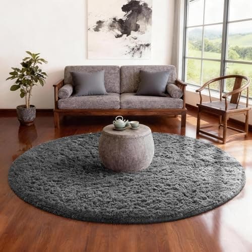 Ophanie Round Rug 4Ft Grey Circle Area Rugs, Fluffy Fuzzy Small Bedroom Carpet 4 Foot, Plush Shag Floor Gray Living Room Christmas Circular Aesthetic Decor for Kids Teen Boys Baby, Nursery, Classroom