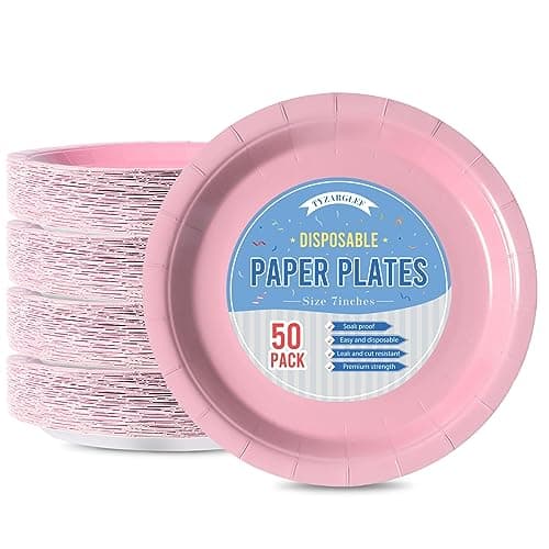 Tyzarglef Disposable Paper Plates Pink, 50 Count 7” Dessert Cake Plates Bulk for Party Supplies, Colored and Sturdy Party Plates for Birthday, Wedding, Baby shower, Gender Reveal party supplies