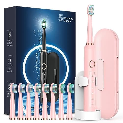 Rtauys M5 Sonic Electric Toothbrush for Adults and Kids - Rechargeable Electric Toothbrush Kids Ages 12+ and Adults with 8 Brush Heads & Travel Case, 120 Days Battery Life - Pink