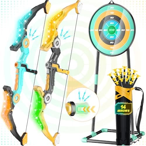 2 Pack Upgraded Kids Bow and Arrow Sets with Sound Effects&Color-Changing LED Flash Lights, Achery set for 4 5 6 7 8 9 10 11 12 Year Old, Indoor Outdoor Toys for Ages 5-7 8-13 Boys Girls(Green&gold)