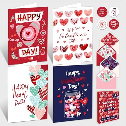 Decorably 8 Pack Foiled 4x6in Valentine Cards for Adults with Envelopes and Stickers, 4 Elegant Designs Valentines Cards, Family, Friends with Printed Message Inside