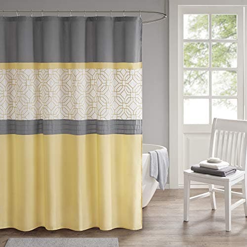 510 DESIGN Shower Curtain, Geometric Textured Embroidery Design with Built-in Liner, Modern Mid-Century Bathroom Decor, Machine Washable, Fabric Privacy Screen, 72x72,Donnell, Yellow/Grey