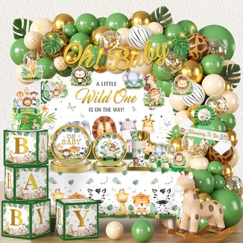 cocomigo 300PCS Safari Baby Shower Decorations, 30 Safari Theme Tableware, All-in-1 Pack Includes Backdrop Tablecloth Balloon Boxes Balloon Kit for Baby Shower Decorations Boy