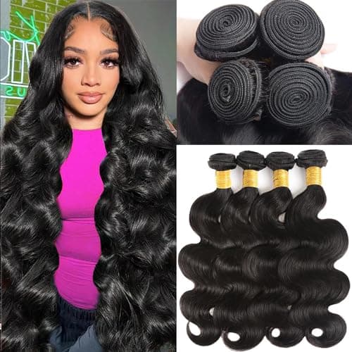 Katspon 12A Human Hair Bundles 20 22 24 26 Inch Body Wave 100% Unprocessed Brazilian Virgin Hair 4 Bundles Deals Human Hair Extensions Quick Weave Bundles Human Hair Natural Black