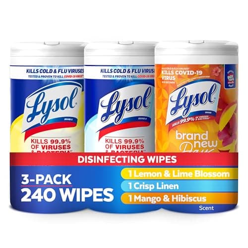 Lysol Disinfectant Wipes Bundle, Dorm Room Essentials, Multi-Surface Cleaning Wipes, For Disinfecting & Cleaning, Lemon & Lime Blossom, Crisp Linen, Mango & Hibiscus, 3x80 ct