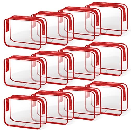TISRATOK 12 PCS Clear Makeup Bag for Women with Zipper, TSA Approved Toiletry Pouch, Cosmetic Bag Bulk for Travel Organizer Essentials - Red, Medium