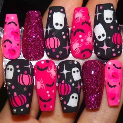 30Pcs Halloween Press on Nails Medium Length Fake Nails with Cute Ghost Pumpkin Bat Design Pink Black Glitter False Nails Square Shape Acrylic Nails Rhinestones Nail Handmade Stick on Nail for Women