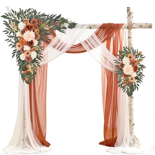 WEDFLOR Wedding Arch Flowers with Drapes Kit (Pack of 4) - 2pcs Artificial Terracotta Deluxe Swag with 2pcs Sheer Drapes for Wedding Ceremony Arbor Reception Backdrop Rose Floral Decoration