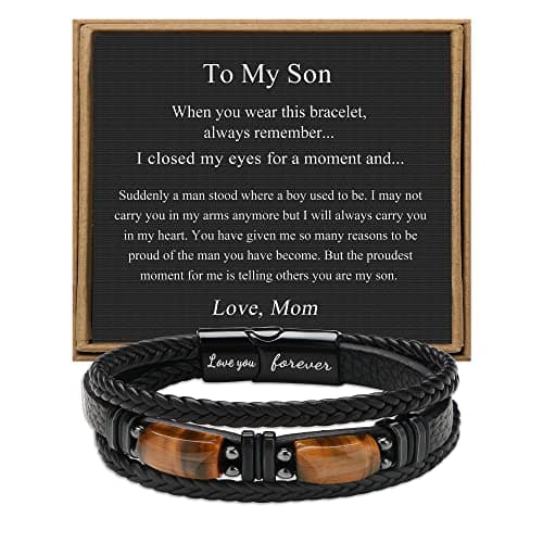 JoycuFF Birthday Gifts for Son from Mom Dad To My Son Bracelet Christmas Fathers Day Ideas Gift Handmade Leather Bracelets for Men with 2 Tigers Eye Stones Letter Love You Forever