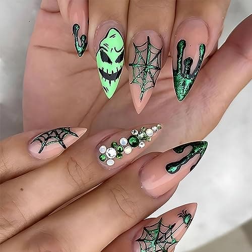 Halloween Press on Nails Medium Almond Fake Nails Nude Full Cover Green Spider Web Nightmare Before Christmas Nails Rhinestones False Nails with Designs Acrylic Artificial Nails for Women Girls 24Pcs