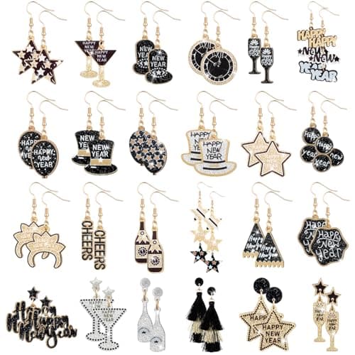 Remuuly 24 Pairs Happy New Year Earring for Women Champagne Bottle Glitter Star Hat Clock Dangle Earrings Holiday Jewelry Gifts for Festive Party Jewelry Gifts