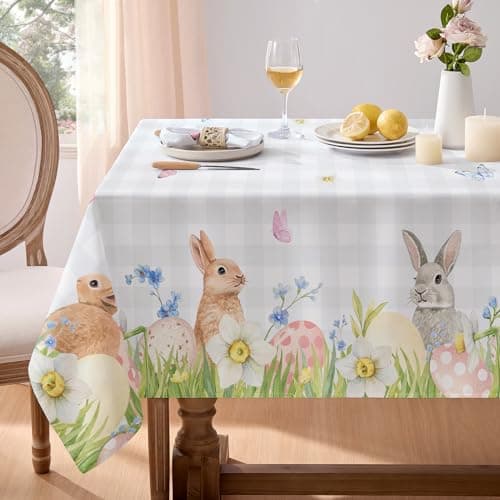 Softalker Spring Easter Tablecloth Rectangle - Bunny & Eggs Buffalo Plaid Flower Table Cloths, Stain Resistant Wrinkle Free Table Covers for Dinner/Party/Picnic/Outdoor, Grey Checkered 60 x 84 Inch