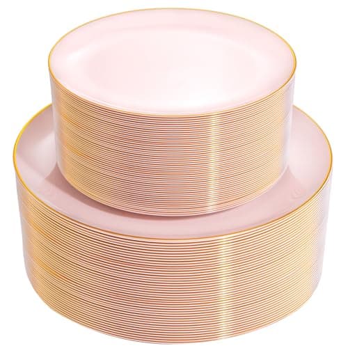 PULOTE 100PCS Pink Plastic Plates - Heavy Duty Pink Disposable Plates - Pink and Gold Plastic Plates Include 50PCS Pink Dinner Plates, 50PCS Pink Dessert Plates for Party&Wedding