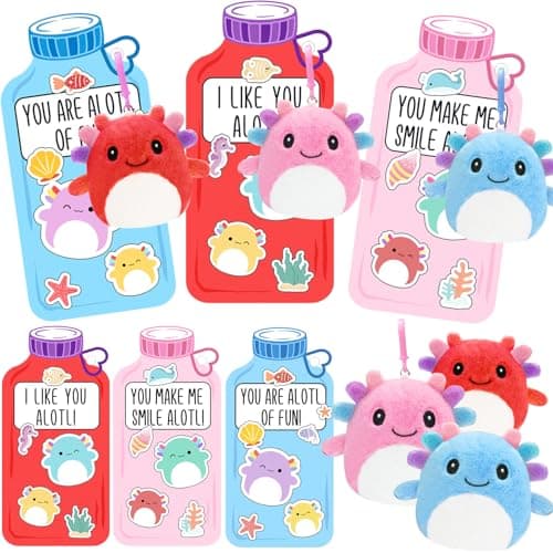 ORIENTAL CHERRY Valentines Day Gifts for Kids - 24 Pack Axolotl Plush Toys Keychains with Valentine Gifts Cards for Boys Girls Toddlers Friends Classroom School Exchange Party Favors