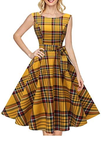 Hanpceirs Women's Boatneck Sleeveless Swing Vintage 1950s Cocktail Dress Gold Plaid M