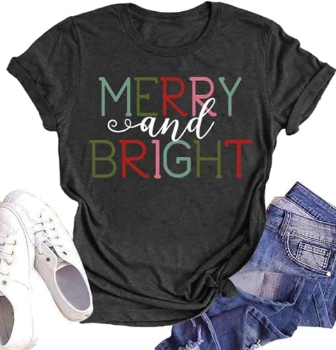 Woffccrd Womens Funny Christmas Shirts Merry and Bright T-Shirts Christmas Tree Shirts Merry Christmas Graphic Tee Tops (XXL,2 Dark Grey)