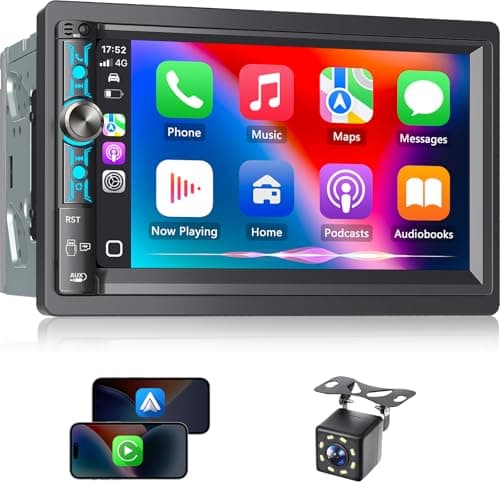 Kissound 7" Double Din Car Stereo with Wireless Apple Carplay & Android Auto, Bluetooth, 240W, SWC, Subwoofer Out, Mirror Link, USB-C/AUX/TF, FM/AM Car Radio Receiver, Backup Camera