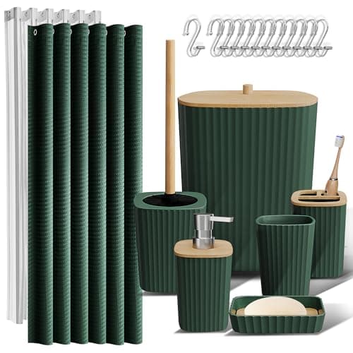 Clara Clark Bathroom Accessories Set - Green Bathroom Set, 20PC Bathroom Accessory Set, Shower Curtain Set, Toilet Brush, Trash Can & Soap Dispenser