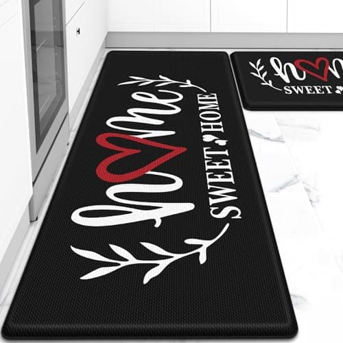 HappyTrends Kitchen Mat for Floor, 2PCS Cushioned Anti-Fatigue Kitchen Rugs, Waterproof Non-Slip Standing Mats and Rugs Set for Kitchen, Office, Laundry, Black, 17.3"×30"+17.3"×47"