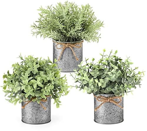 Mkono Small Fake Plants in Farmhouse Galvanized Metal Pots 3 Pack Potted Artificial Plant Eucalyptus for Laundry Room Bathroom Shelf Table Decor