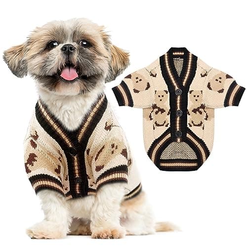 ABRRLO Small Dog Sweaters Cute Bear Dog Cardigans Clothes for Small Medium Dogs Boy Girl Puppy Cat Knitting Cardigan Outfits Dogs Winter Coats Warm Pet Doggy Clothes Soft Knitwear (Beige, Small)