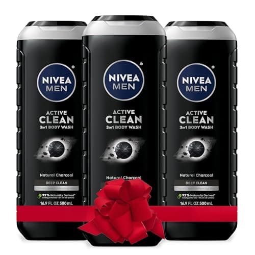 NIVEA MEN DEEP Active Clean Charcoal Body Wash, Exfoliating Body Wash for Men with Natural Charcoal, 3 Pack of 16.9 Fl Oz Bottles