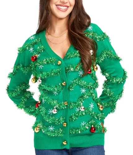 Tipsy Elves Classic Cute Cardigan Ugly Christmas Sweaters for Women with Fun Patterns and Animals - Women's Colorful Green Gaudy Garland Christmas Cardigan Size Medium