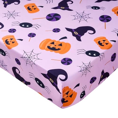 Halloween Baby Crib Sheets for Boys Girls 52 x 28 Inches Pumpkin Fitted Crib Sheet for Standard Crib and Toddler Mattress,Baby Sheet Newborn Bedding Nursery Mattress Cover,Purple