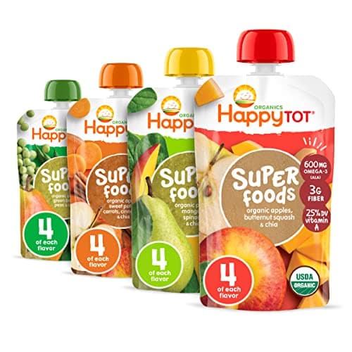 Happy Tot Organics Stage 4 Baby Food Pouches, Gluten Free, Vegan Snack, SuperFoods Fruit & Veggie Puree & Chia Variety Pack, 4.22 Ounce (Pack of 16)