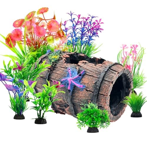 CousDUoBe Fish Broken Barrel Decor Fish Tank Decorations Betta Fish Tank Accessories,Starfish Barrel x 1pc, Aquarium Plants x 8pcs