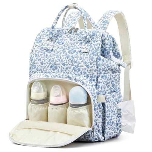 Sunnymove Corduroy Blue Floral Diaper Bag Backpack for Mom Large Capacity Multifunction Travel Backpack for Women, Cute Diaper Bag