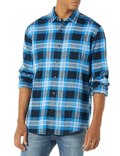 Amazon Essentials Men's Long-Sleeve Flannel Shirt, Black Blue Grey Tartan Plaid, Large