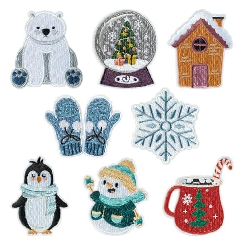 Kirako 8 Pcs Winter Themed Iron on Patches Winter Wonderland Snowflakes Christmas Sew on Embroidered Applique Repair Patch Seasonal DIY Crafts Accessories Gifts for Clothing Jacket Backpack Hat Shoes