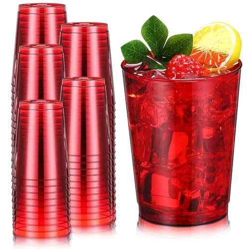 Minatee 100 Count Plastic Cups Disposable Fancy Cups Heavy Duty Wine Cocktail Glasses for Christmas New Year Birthday Party Supplies Plastic Drinking Tumblers(Red,10 oz)