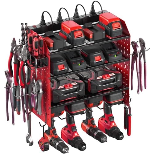 CCCEI Modular Pegboard Rack Power Tool Organizer with Charging Station. 4 Layer Wall Mount Drill Holder, Red Tool Battery Charger Organizer. Garage Shop Storage Utility Shelf with Power Strip.