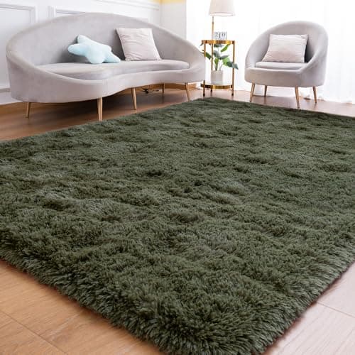 Goideal Fluffy Rug for Bedroom Living Room, 4x6 Olive Green Area Rugs, Faux Fur Shag Modern Carpet Ultra Soft Girls Boys Room Home Decor, Solid