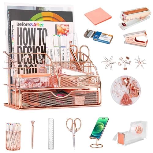 Rose Gold Desk Organizer and Office Desk Accessories, Office Supplies Set with Stapler, Tape Dispenser, Stapler Remover, Pen Holder, Clip, Tacks and More